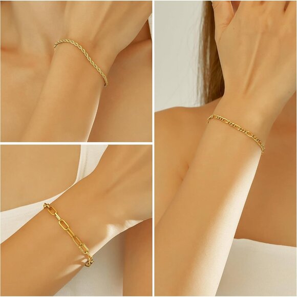 Trendy 6pcs Gold Bracelets Set for Women, 14K Gold Plated, Adjustable, Waterproo - Picture 7 of 8